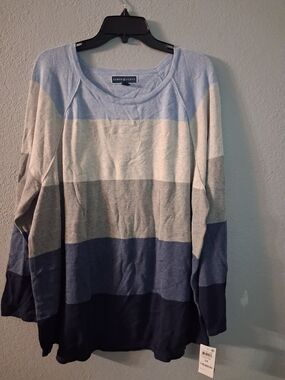 Karen Scott Light Blue and Gray Striped Knit Top